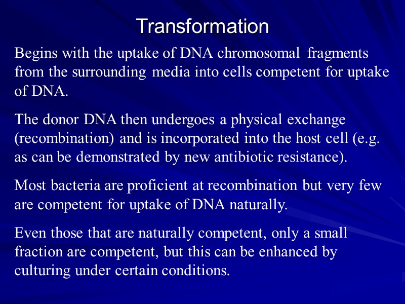 Transformation Begins with the uptake of DNA chromosomal fragments from the surrounding media into